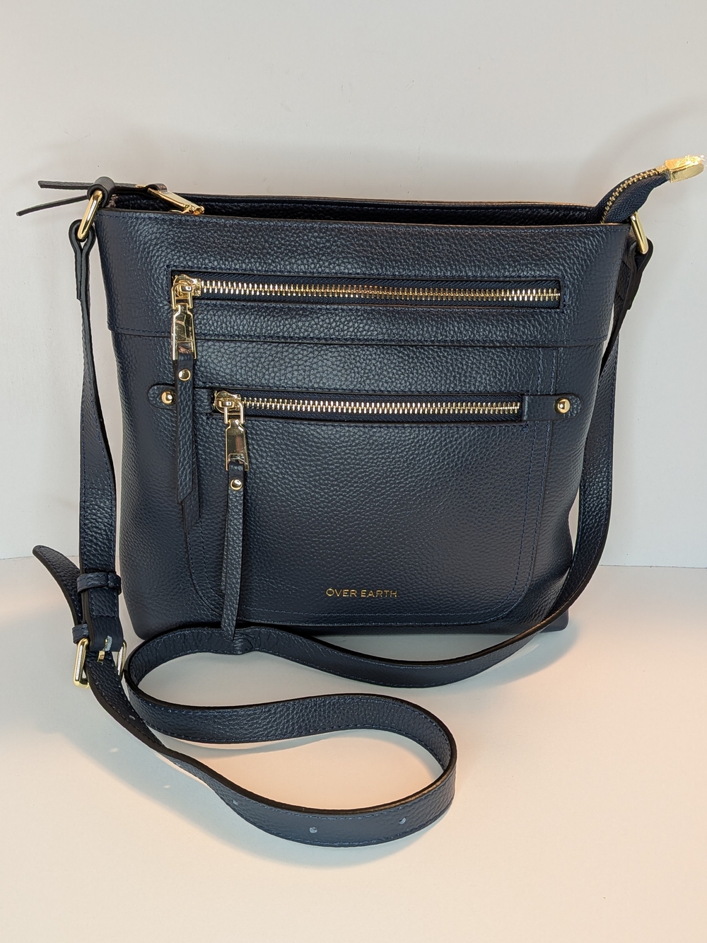 Over Earth Navy Blue Pebbled Leather Crossbody Bag Multi-Pocket Classic Everyday